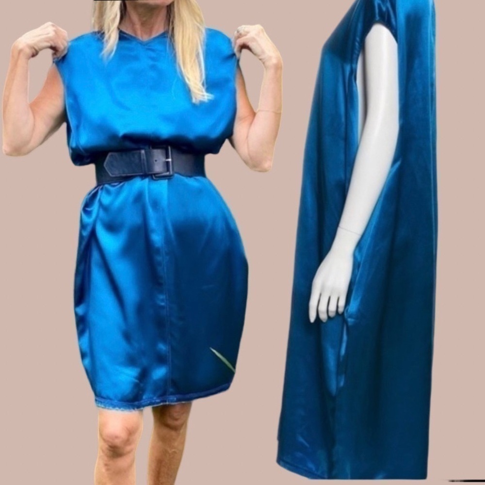 HELMUT LANG Vibrant Blue sleeveless shift Silk midi Dress